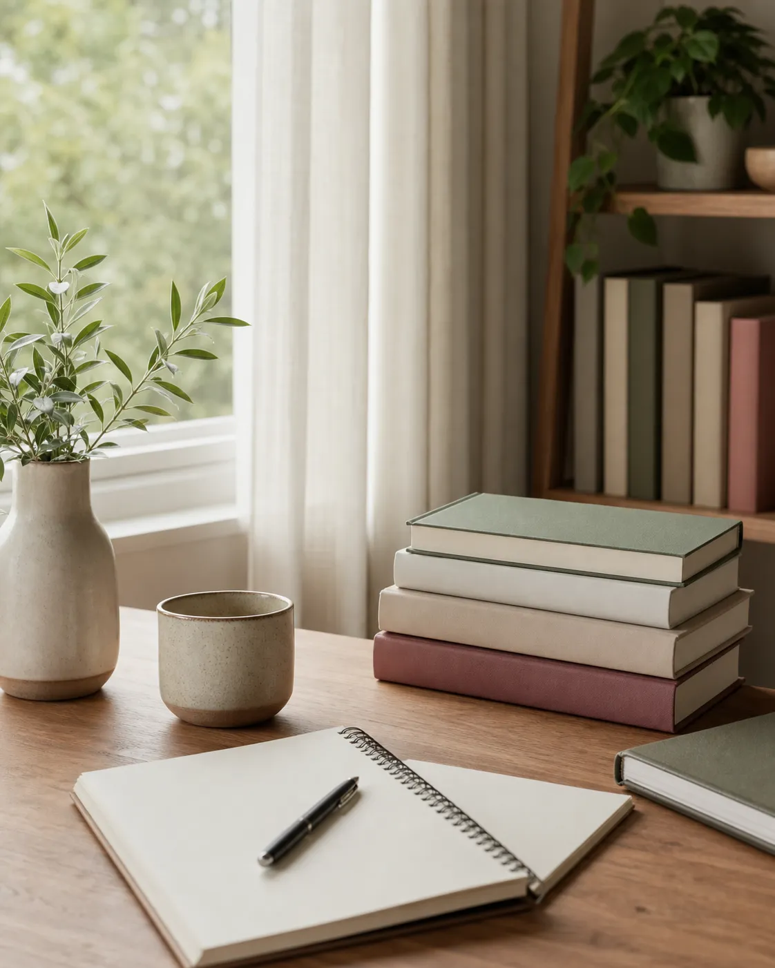A quiet study workspace with therapy books, a blank notebook, a pen, plants, and soft window light.