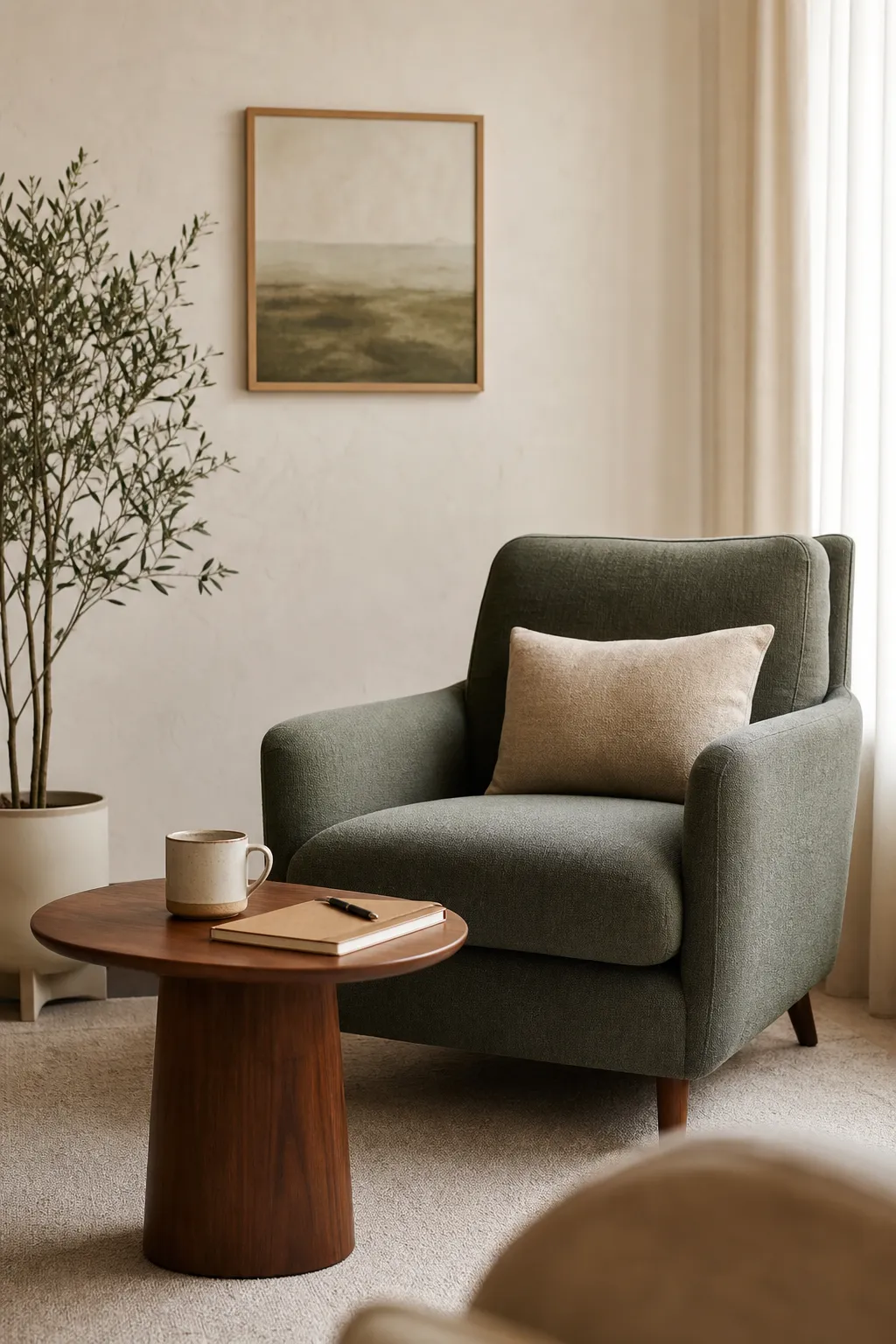 A calm therapy office corner with a comfortable chair, side table, notebook, cup, and soft natural light.