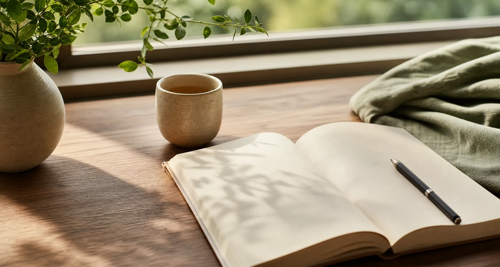 A quiet reflective workspace with an open notebook, pen, tea cup, linen, and soft window light.