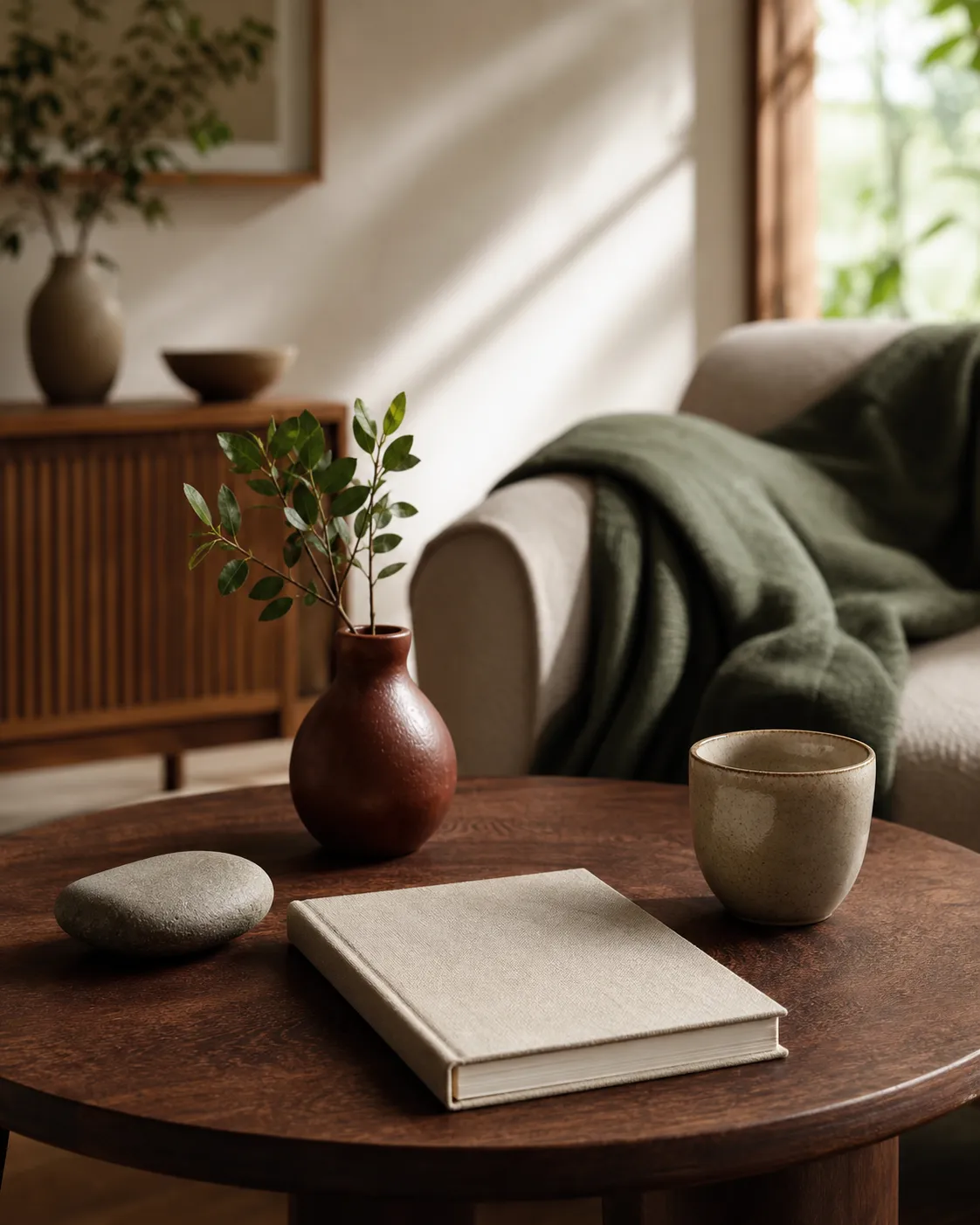 A calm therapy-adjacent still life with a blank notebook, ceramic cup, plant, and soft natural light.