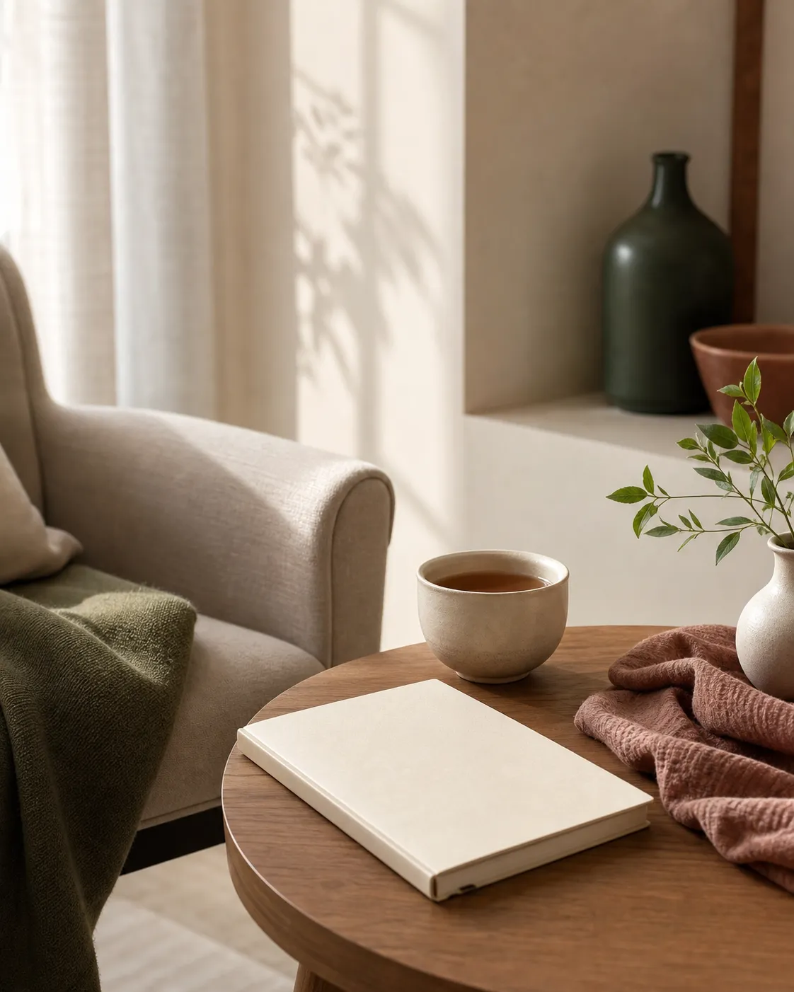 A calm therapy-adjacent still life with a blank notebook, ceramic cup, plant, and soft natural light.