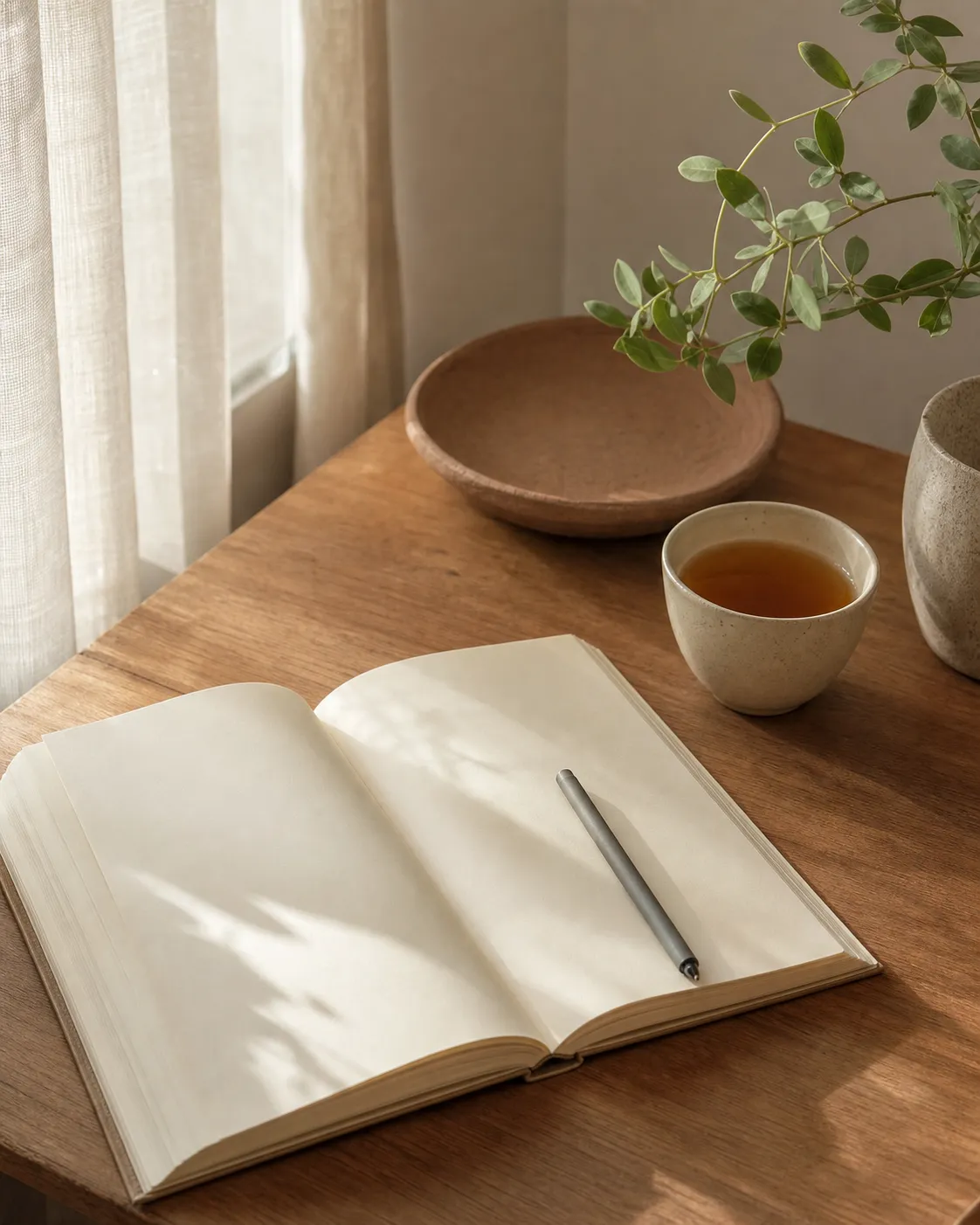 A calm therapy-adjacent still life with a blank notebook, ceramic cup, plant, and soft natural light.
