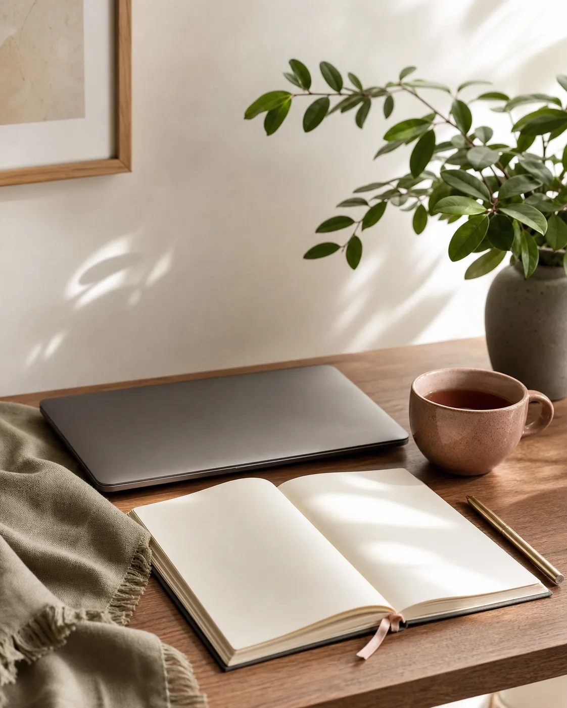 A calm therapy-adjacent still life with a blank notebook, ceramic cup, plant, and soft natural light.