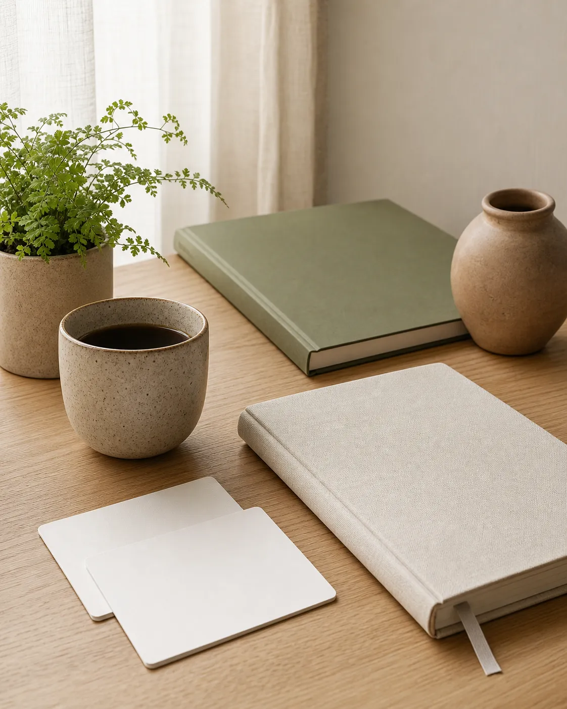 A calm therapy-adjacent still life with a blank notebook, ceramic cup, plant, and soft natural light.