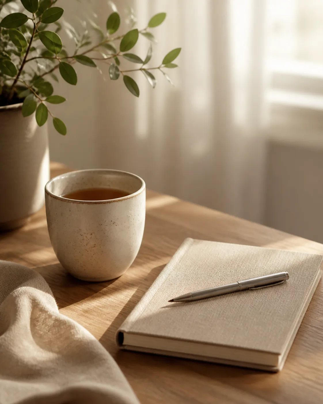 A calm desk scene with a notebook, cup of tea, plant, and soft natural light.