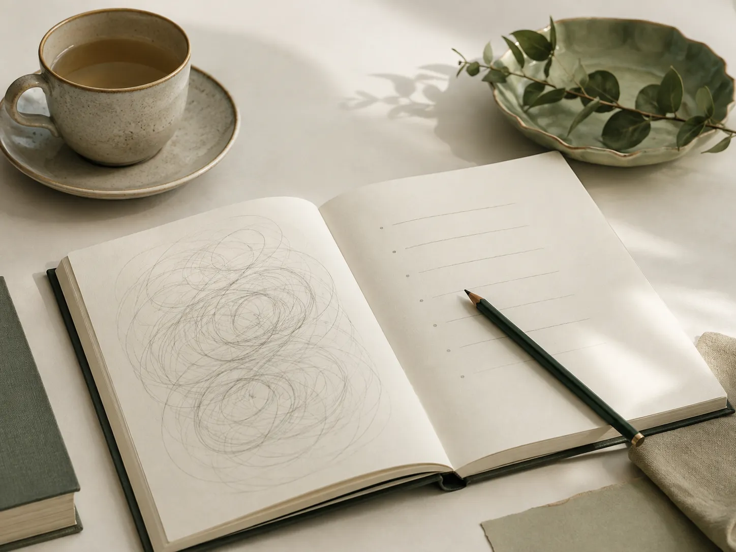 an open notebook with circular scribbles, a pencil, tea, and greenery