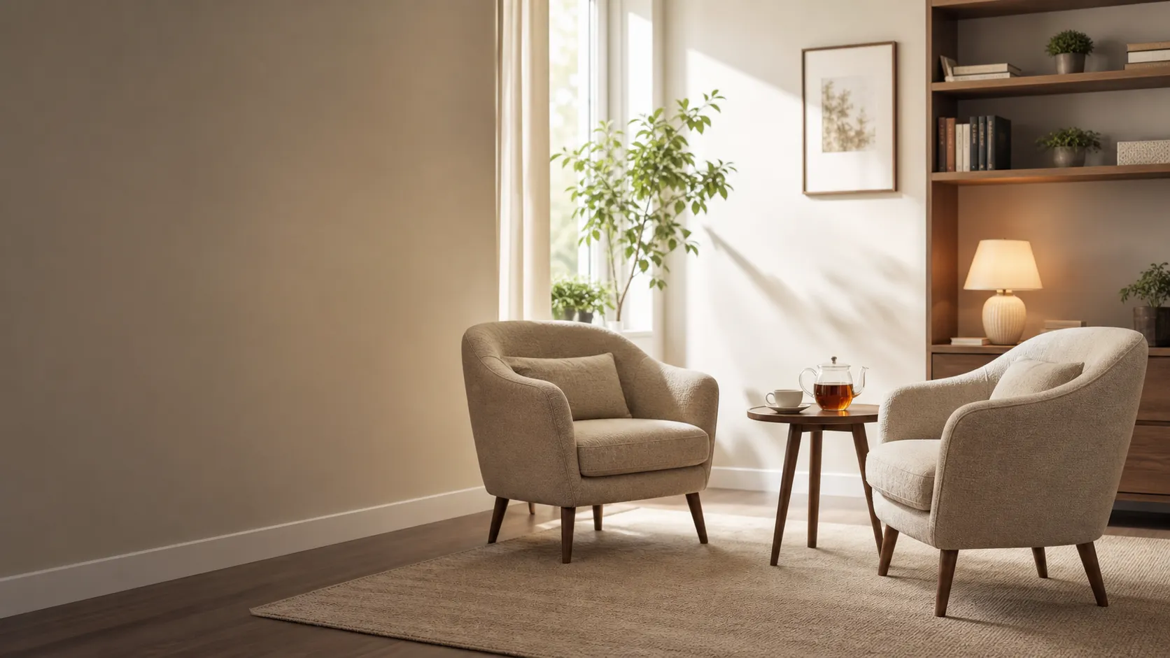 A calm therapy office with comfortable chairs, soft daylight, plants, and a small table prepared for conversation.
