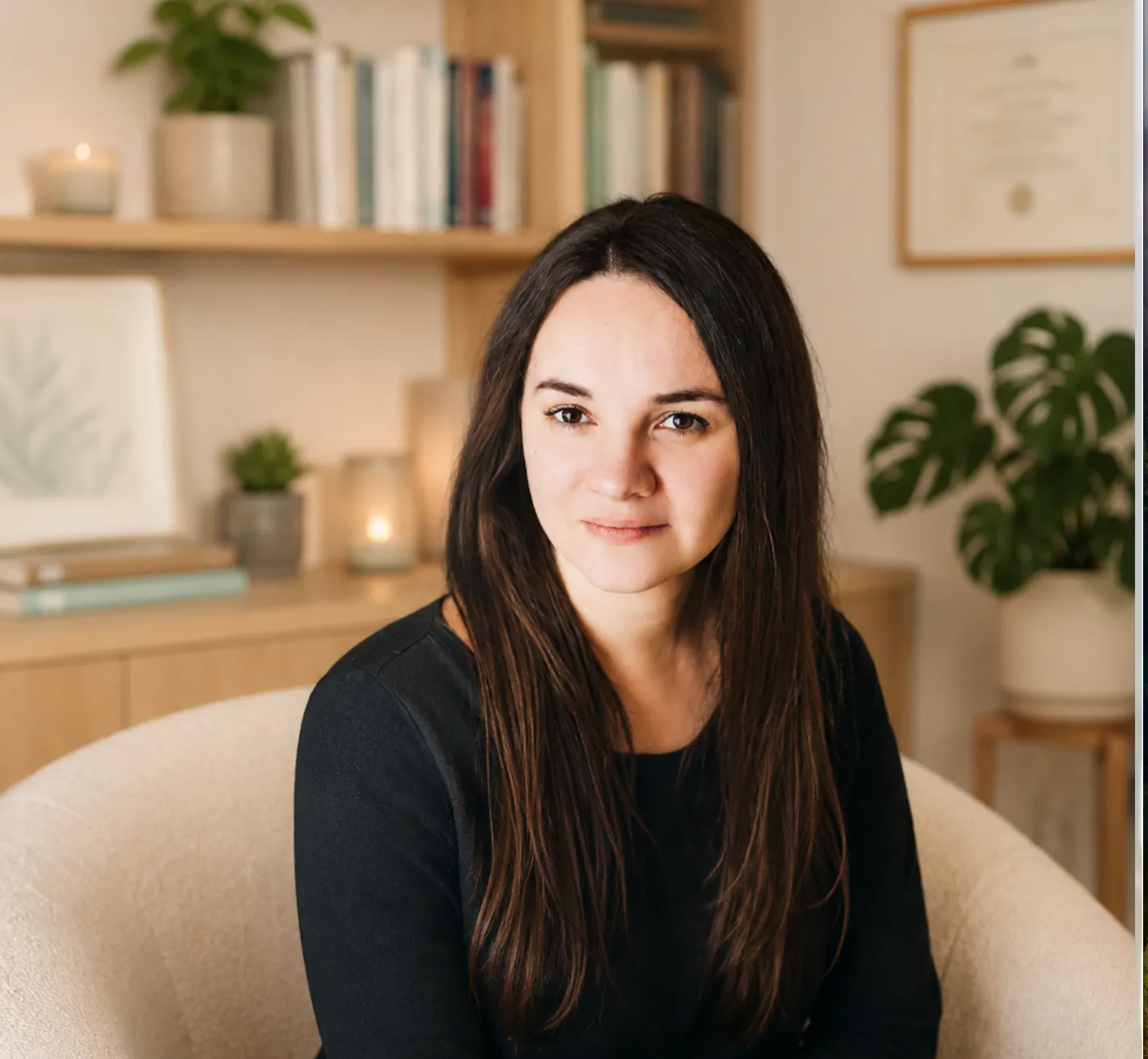 Portrait of Anastasia seated in a warm therapy office with books, plants, and soft natural light.