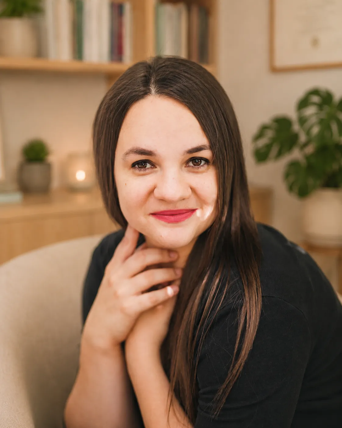 Portrait of Anastasia seated in a soft therapy office with plants, books, and warm natural light.